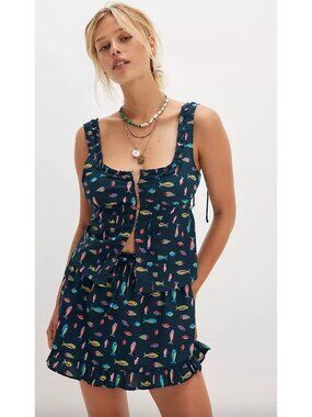 Free People Ellia Printed Set Size XL Top and Skort Under The Sea Fish Print